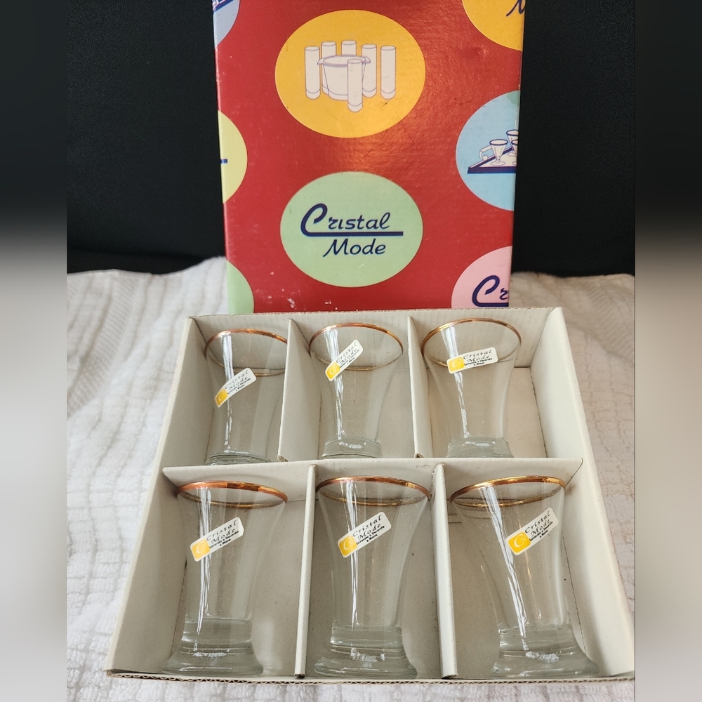 Set of 6 CRISTAL MODE Italian Shot Glasses Gold Rim Hand Decorated Italy NIB Box